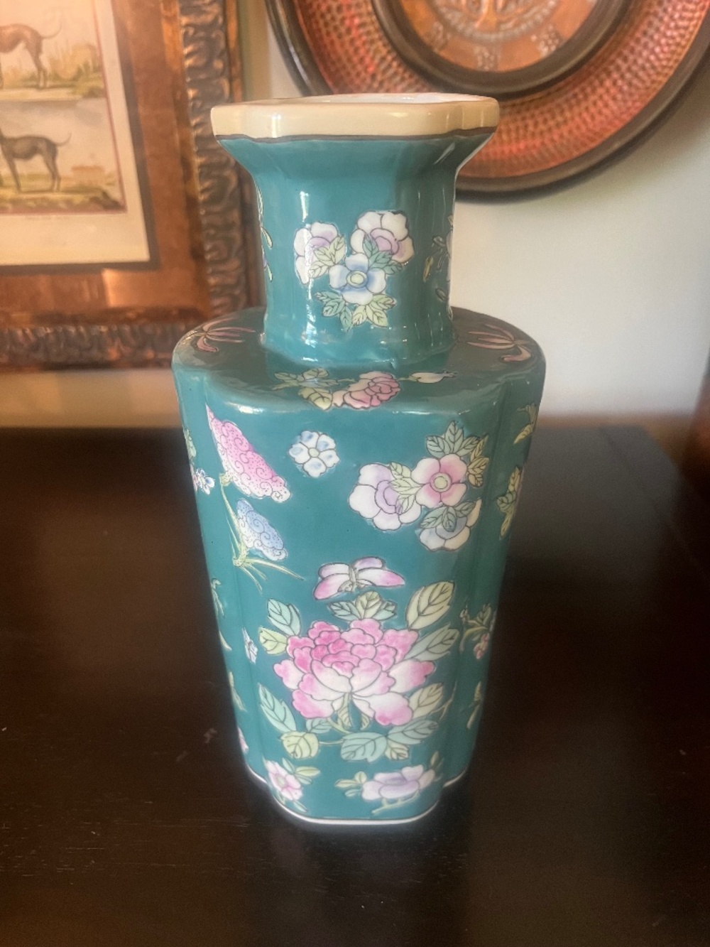 Vintage Asian Ceramic Macau Teal Glazed Tall Vase Raised Floral Design